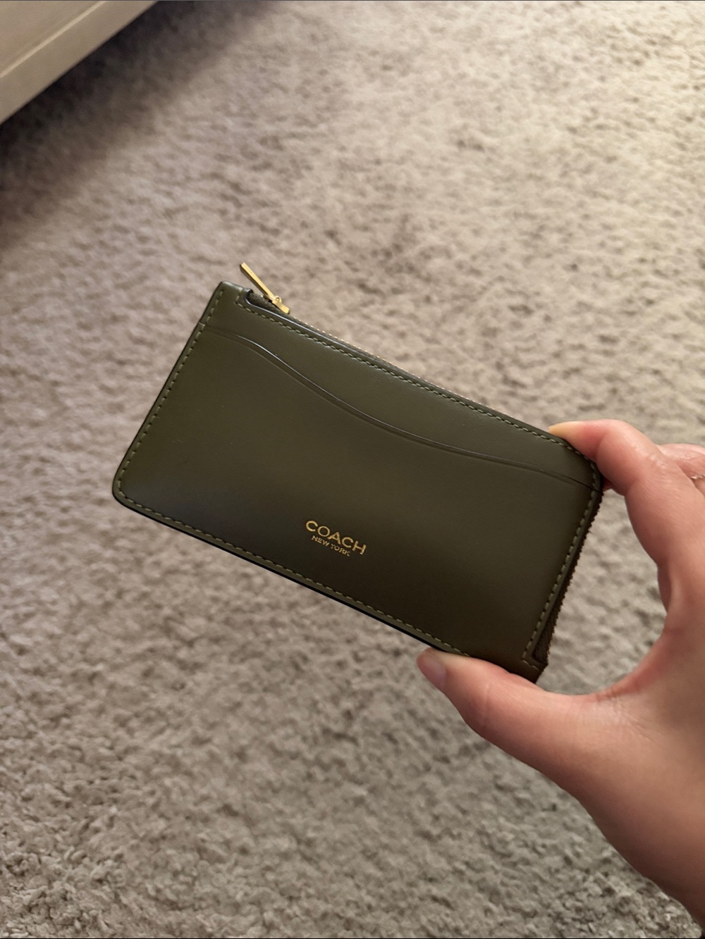 Coach Olive Green Leather Zip Card Case with Gold Logo